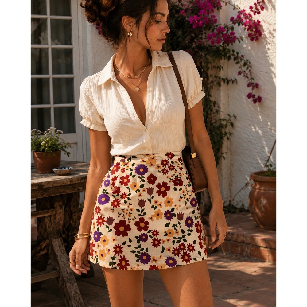 ModCloth x Princess Highway Floral Mini Skirt Linen Blend Cream PGMC096 Size 8